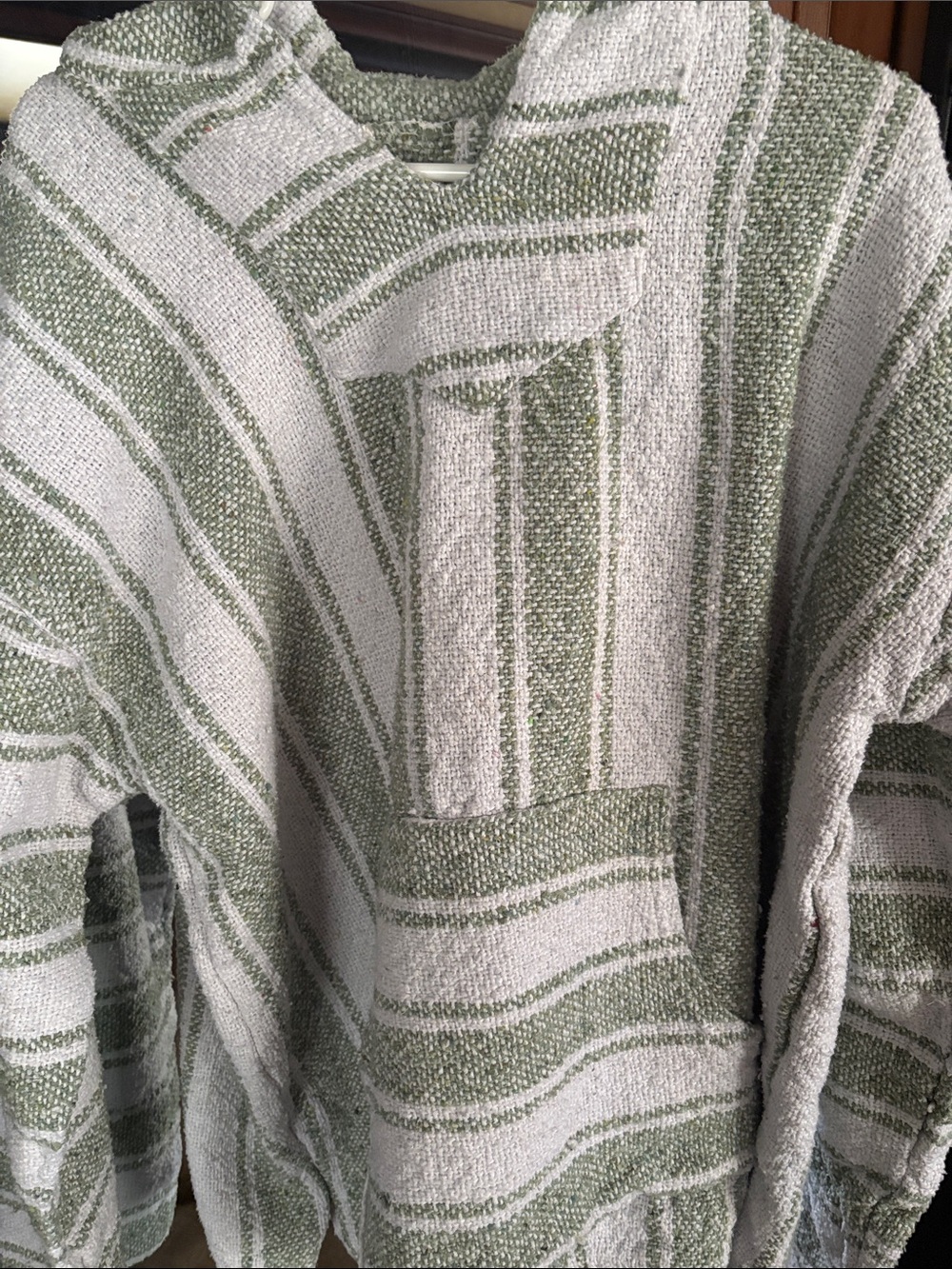 Men's Green and White Striped Pullover Mexican Poncho